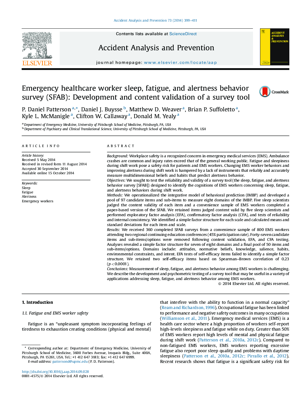 Emergency healthcare worker sleep, fatigue, and alertness behavior survey (SFAB): Development and content validation of a survey tool