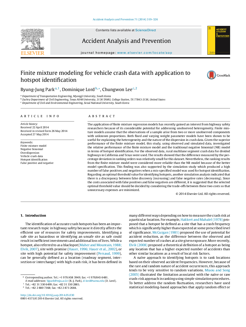 Finite mixture modeling for vehicle crash data with application to hotspot identification