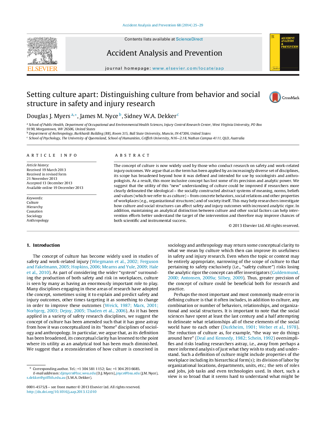 Setting culture apart: Distinguishing culture from behavior and social structure in safety and injury research