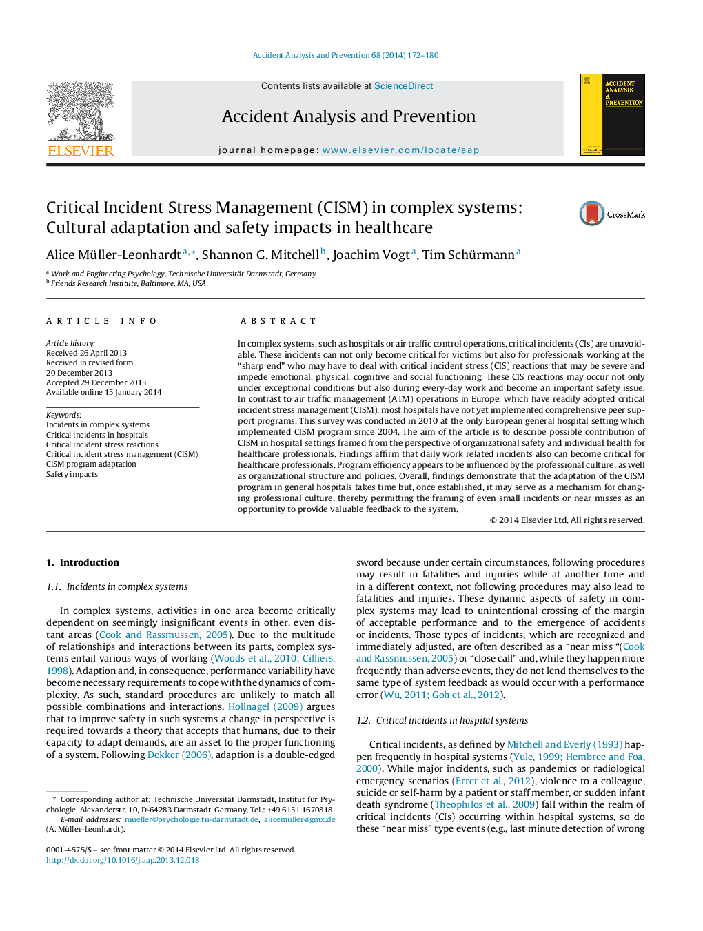 Critical Incident Stress Management (CISM) in complex systems: Cultural adaptation and safety impacts in healthcare