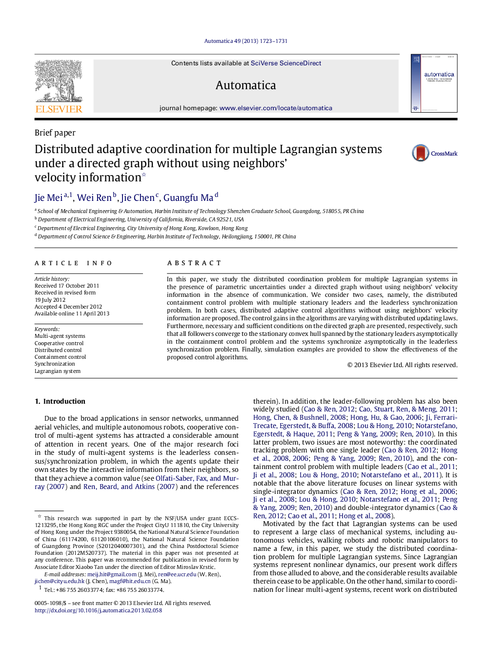 Distributed adaptive coordination for multiple Lagrangian systems under a directed graph without using neighbors’ velocity information 