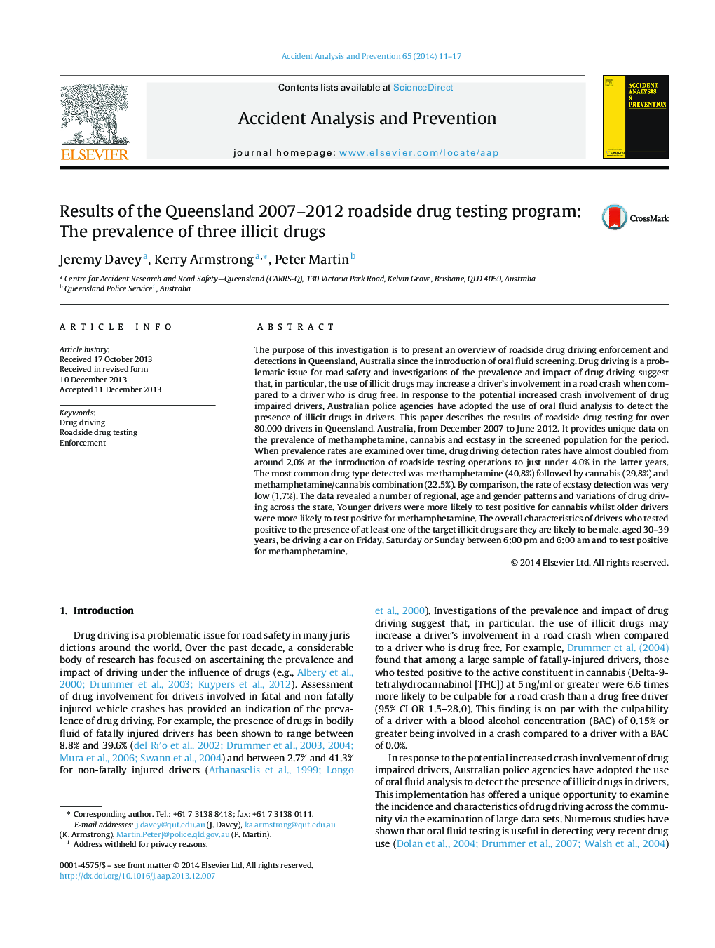 Results of the Queensland 2007-2012 roadside drug testing program: The prevalence of three illicit drugs