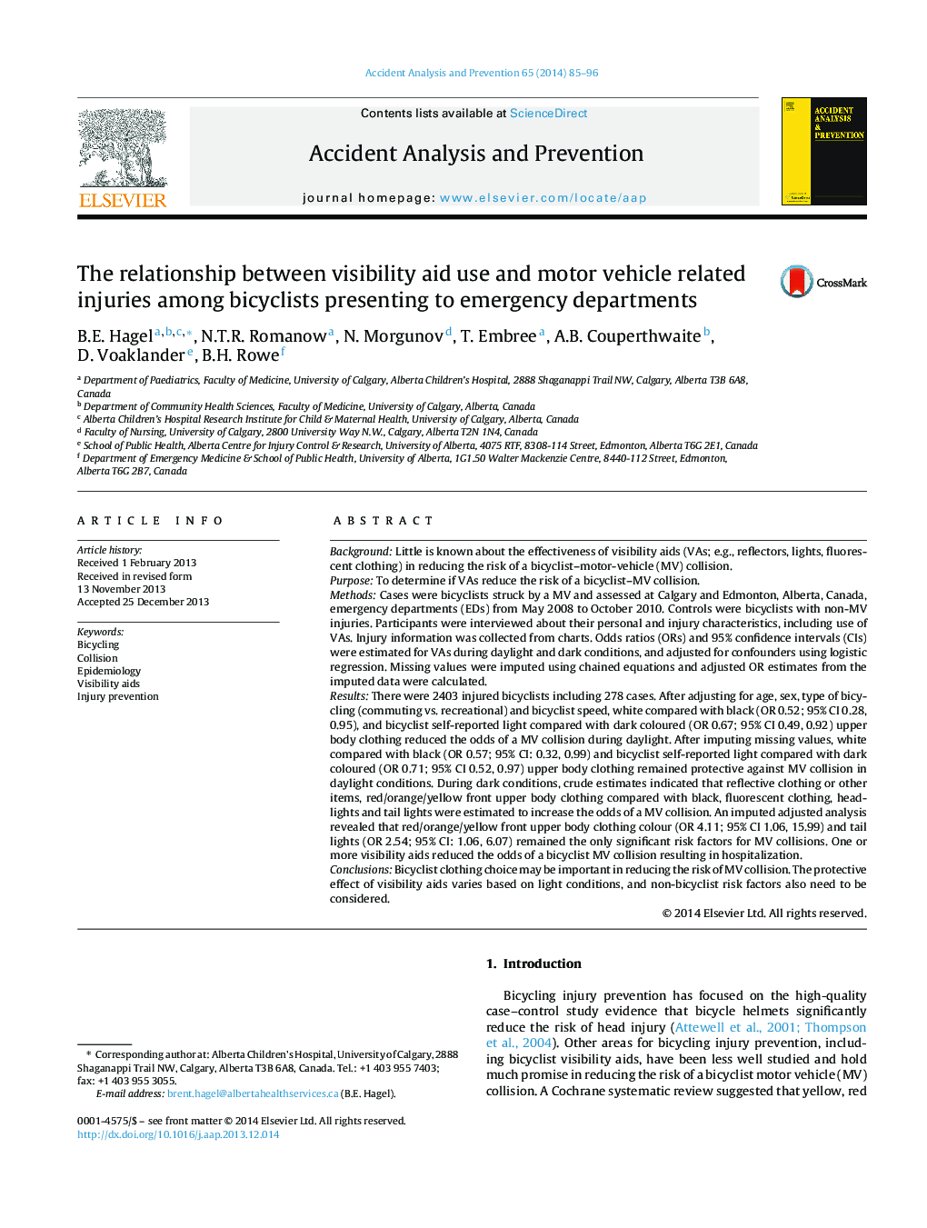 The relationship between visibility aid use and motor vehicle related injuries among bicyclists presenting to emergency departments