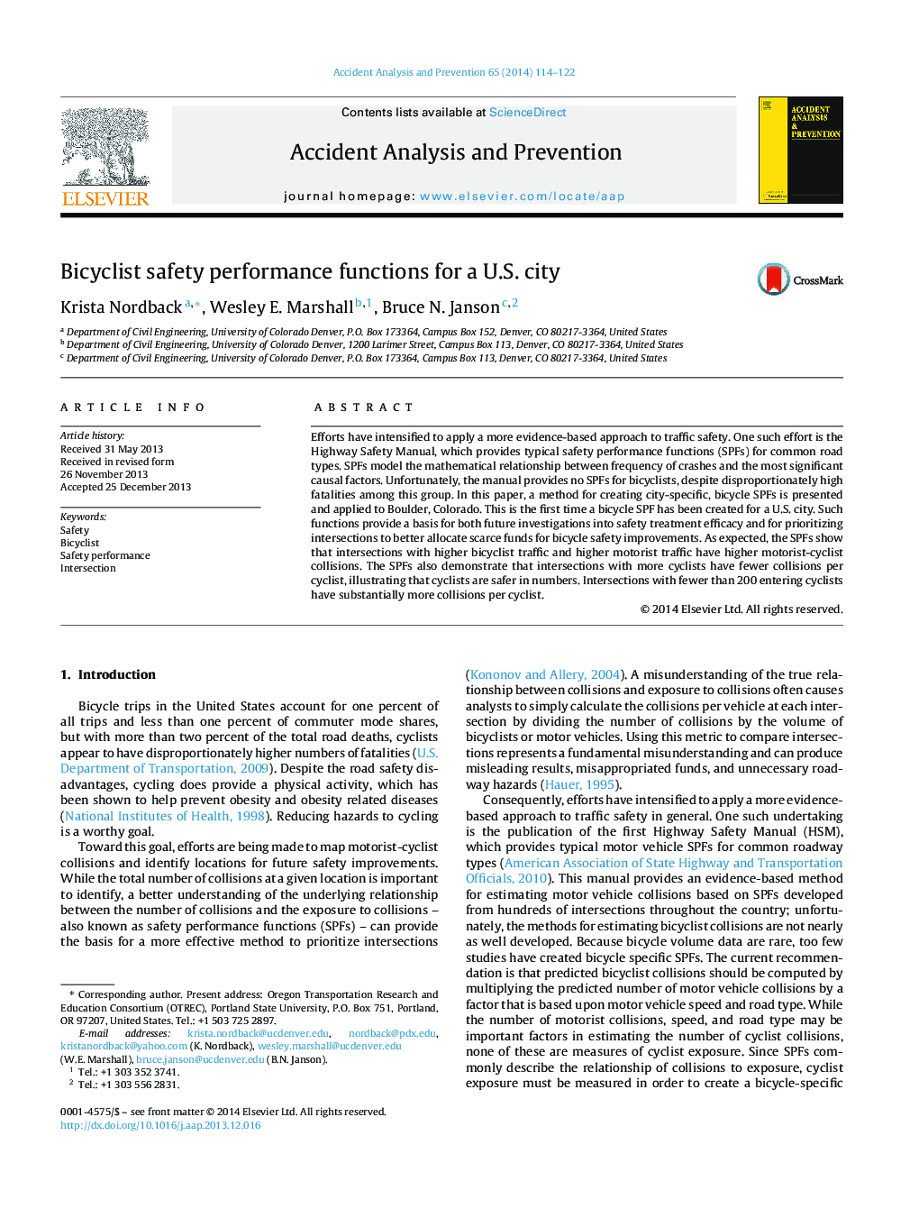 Bicyclist safety performance functions for a U.S. city