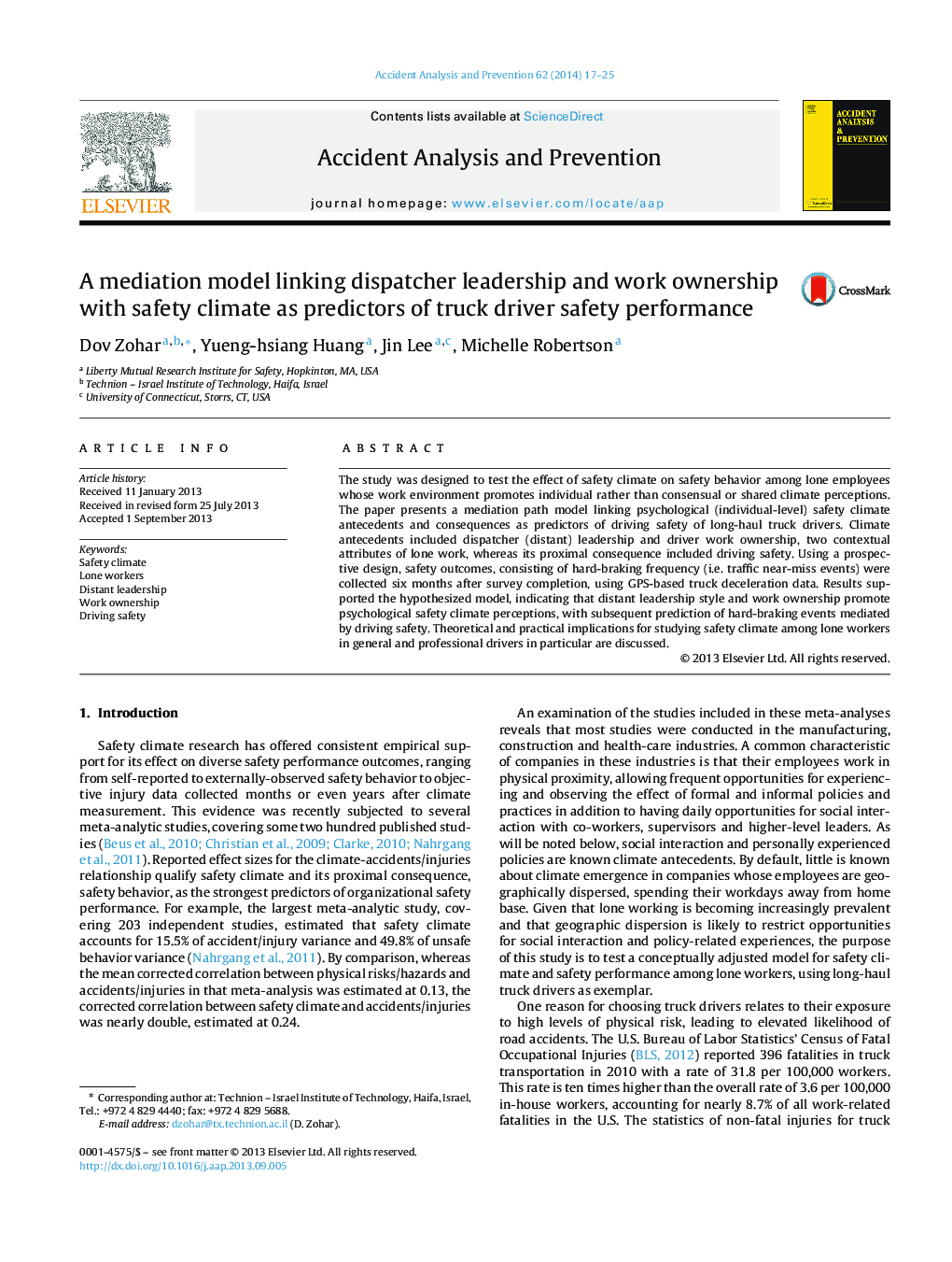 A mediation model linking dispatcher leadership and work ownership with safety climate as predictors of truck driver safety performance