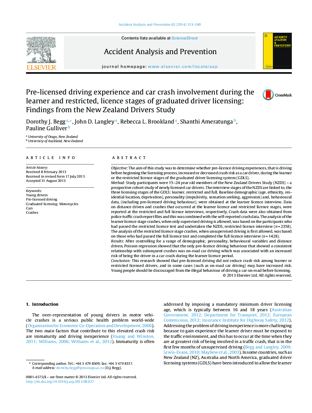 Pre-licensed driving experience and car crash involvement during the learner and restricted, licence stages of graduated driver licensing: Findings from the New Zealand Drivers Study