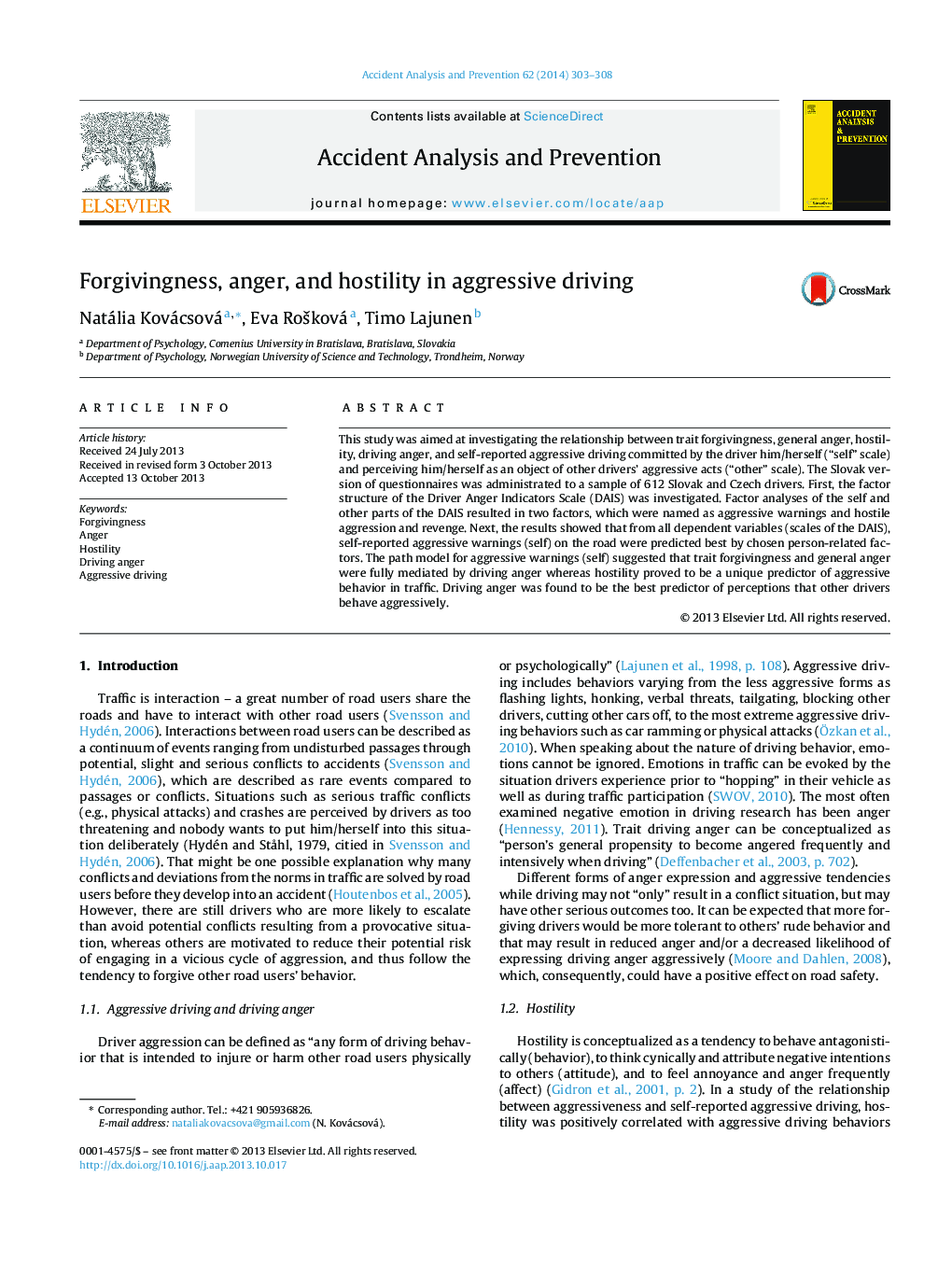 Forgivingness, anger, and hostility in aggressive driving