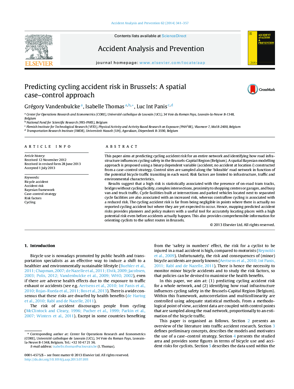 Predicting cycling accident risk in Brussels: A spatial case-control approach