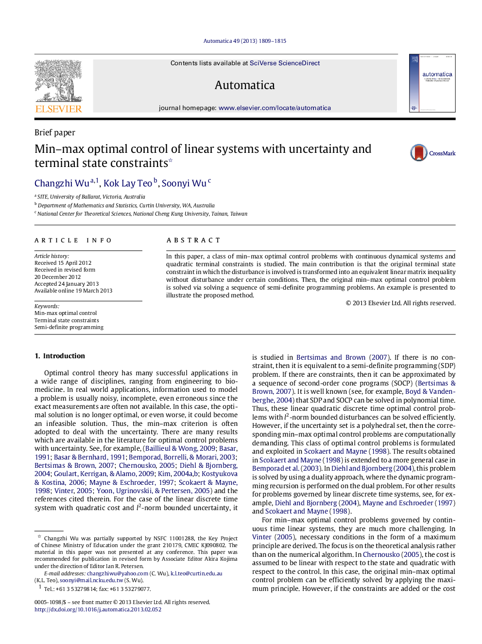 Min–max optimal control of linear systems with uncertainty and terminal state constraints 