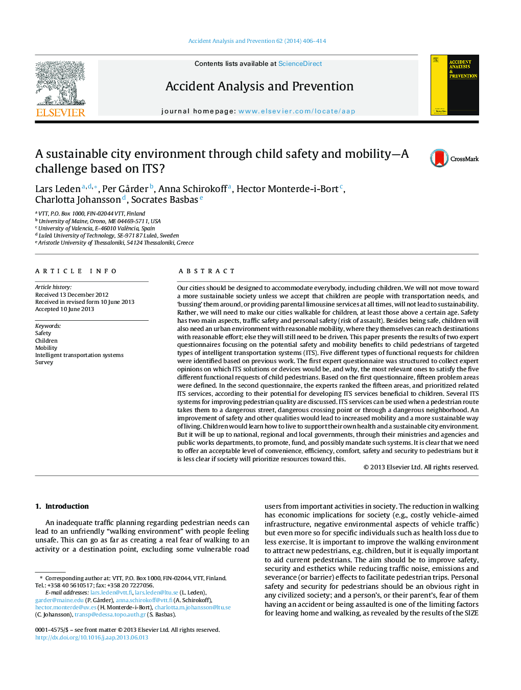 A sustainable city environment through child safety and mobility-A challenge based on ITS?