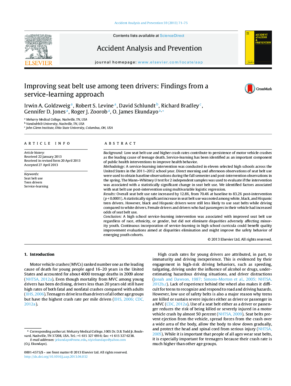 Improving seat belt use among teen drivers: Findings from a service-learning approach