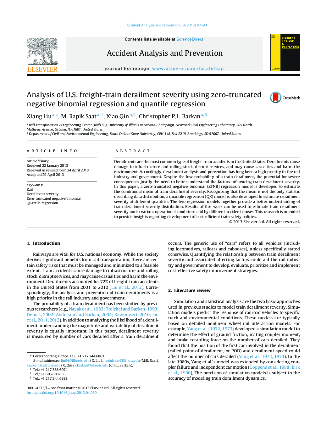 Analysis of U.S. freight-train derailment severity using zero-truncated negative binomial regression and quantile regression