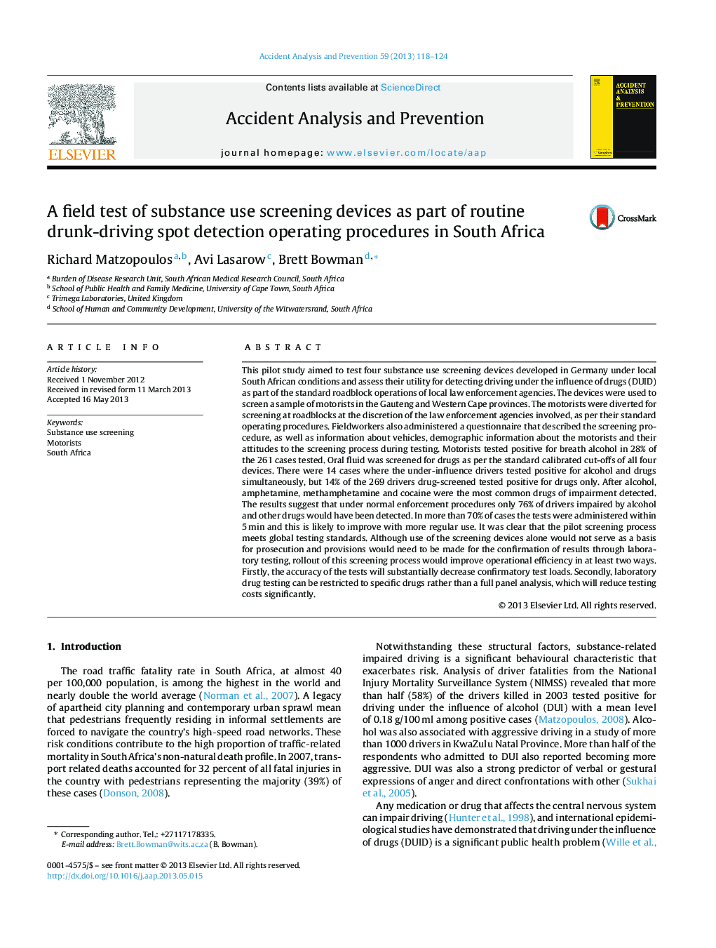 A field test of substance use screening devices as part of routine drunk-driving spot detection operating procedures in South Africa