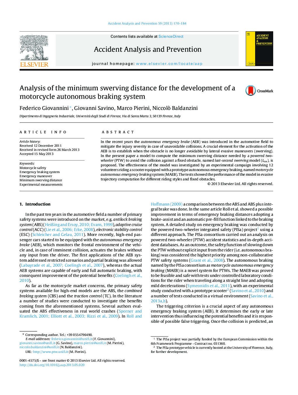 Analysis of the minimum swerving distance for the development of a motorcycle autonomous braking system