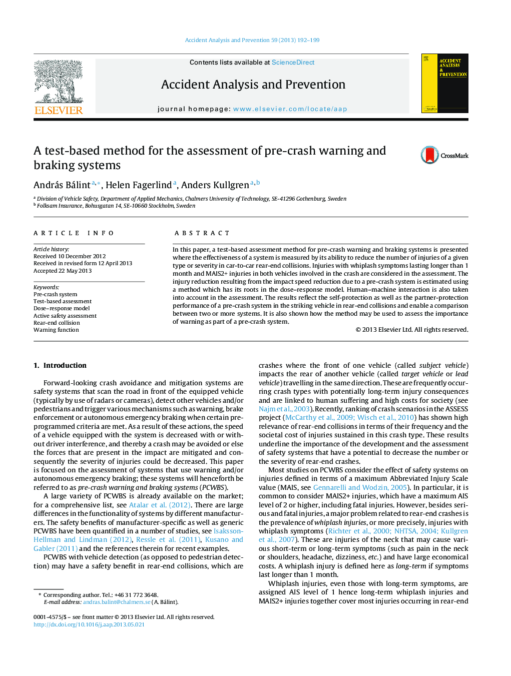 A test-based method for the assessment of pre-crash warning and braking systems