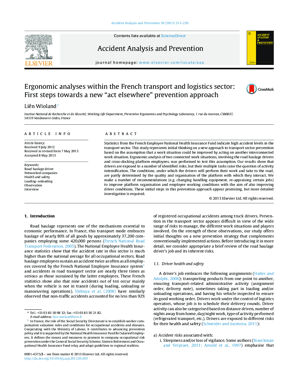 Ergonomic analyses within the French transport and logistics sector: First steps towards a new “act elsewhere” prevention approach