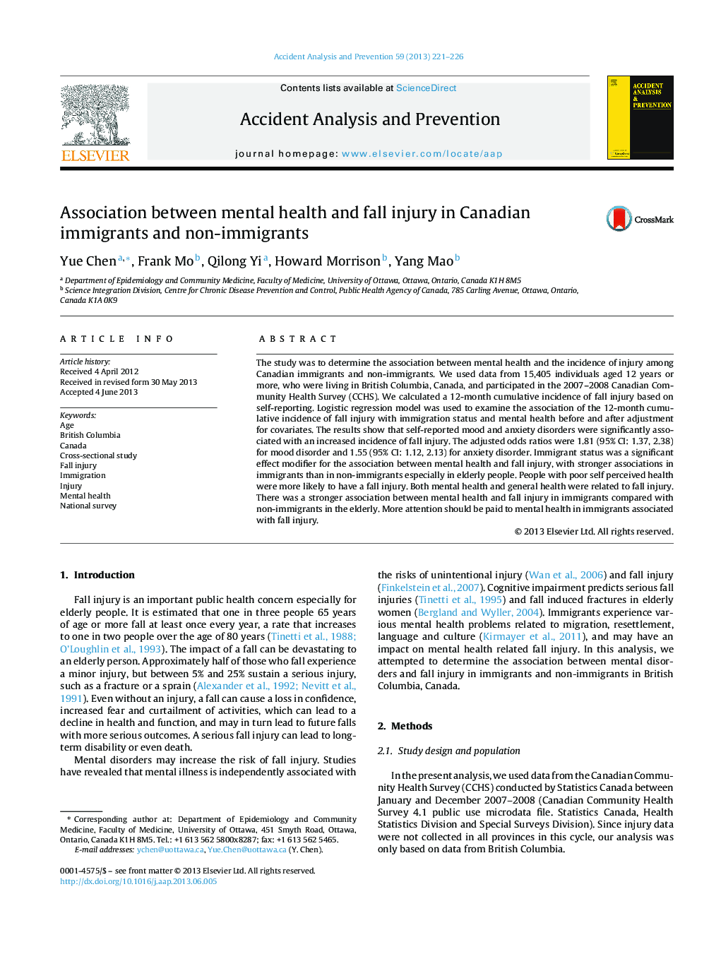 Association between mental health and fall injury in Canadian immigrants and non-immigrants