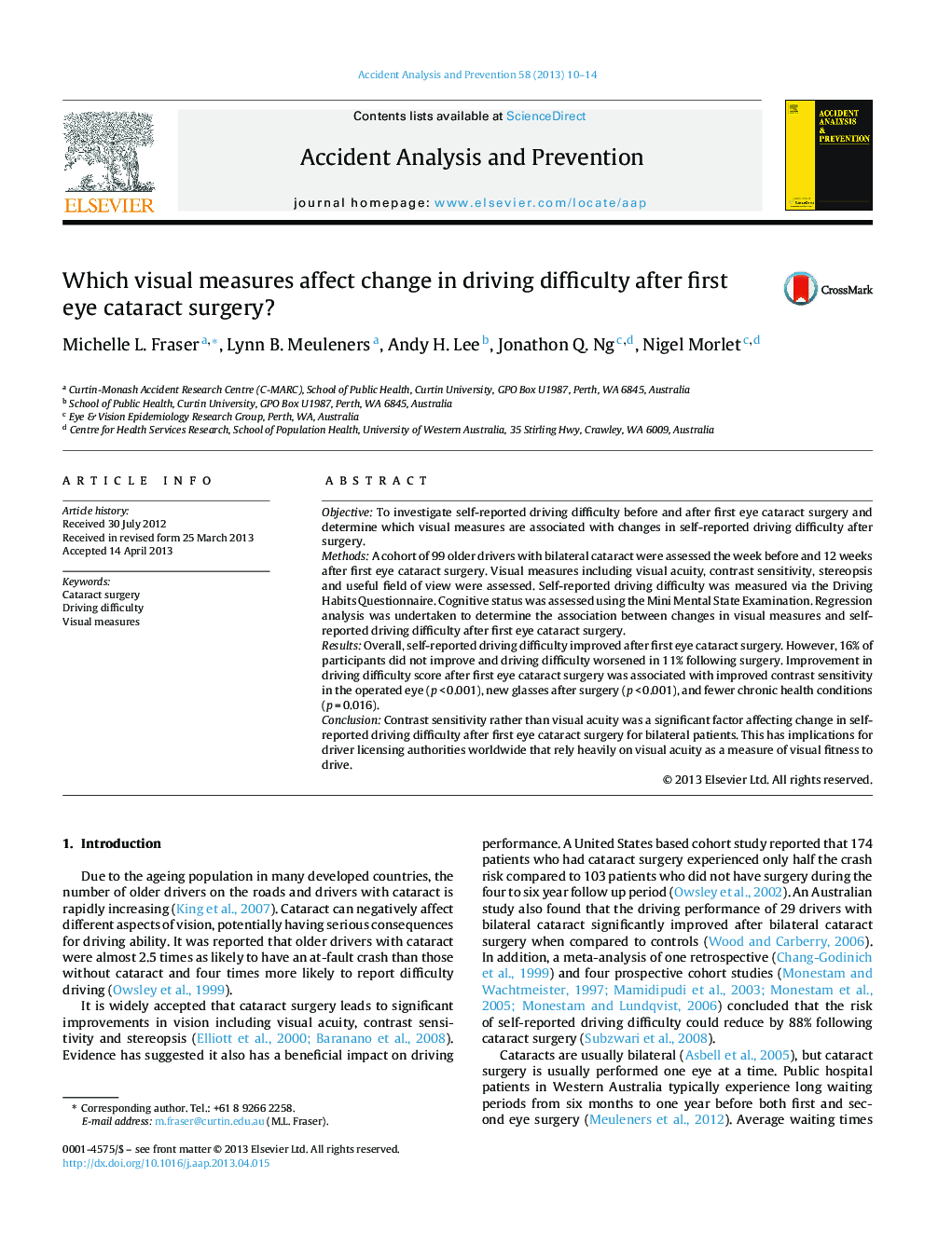 Which visual measures affect change in driving difficulty after first eye cataract surgery?