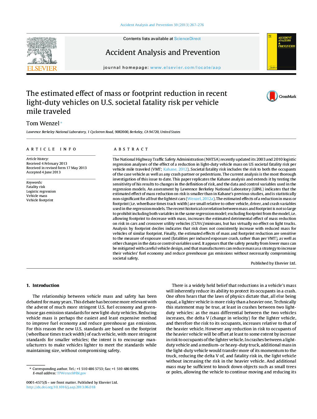 The estimated effect of mass or footprint reduction in recent light-duty vehicles on U.S. societal fatality risk per vehicle mile traveled