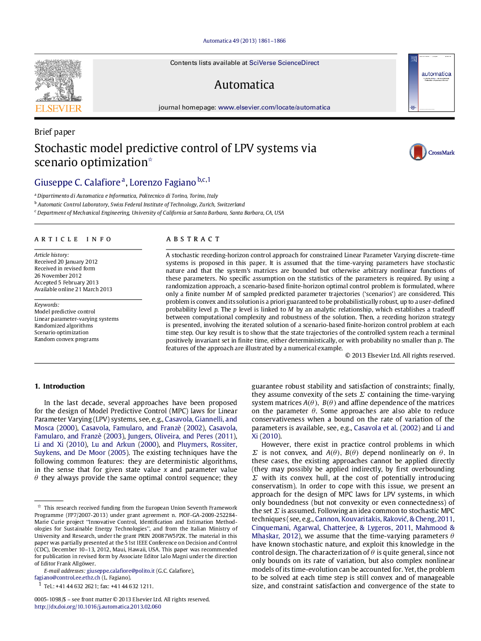 Stochastic model predictive control of LPV systems via scenario optimization 