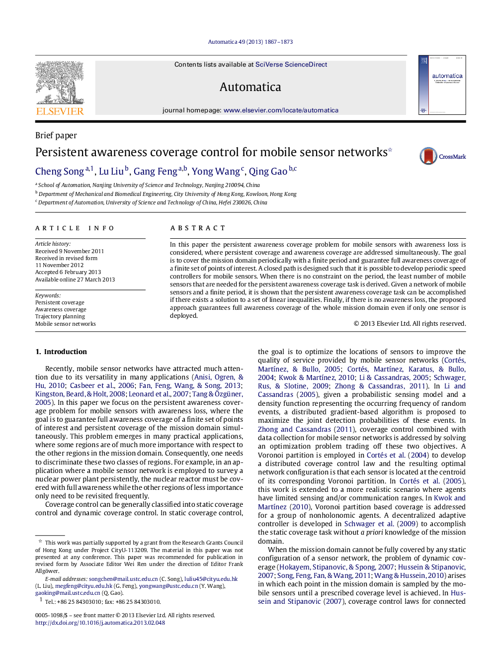 Persistent awareness coverage control for mobile sensor networks 