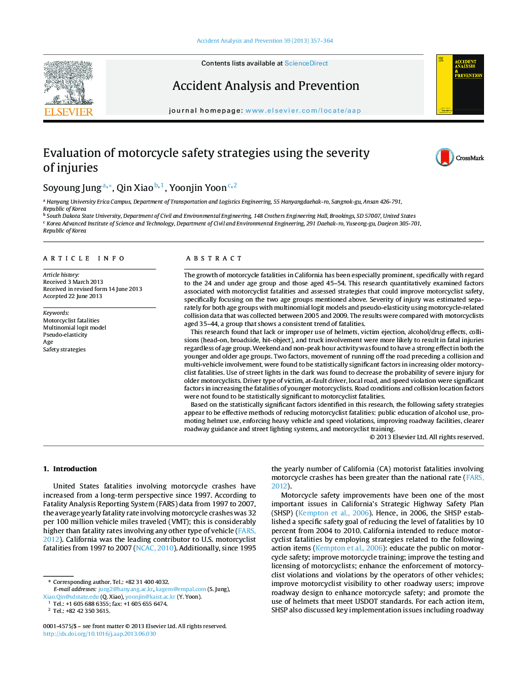 Evaluation of motorcycle safety strategies using the severity of injuries