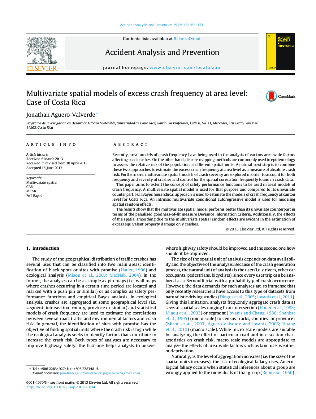 Multivariate spatial models of excess crash frequency at area level: Case of Costa Rica