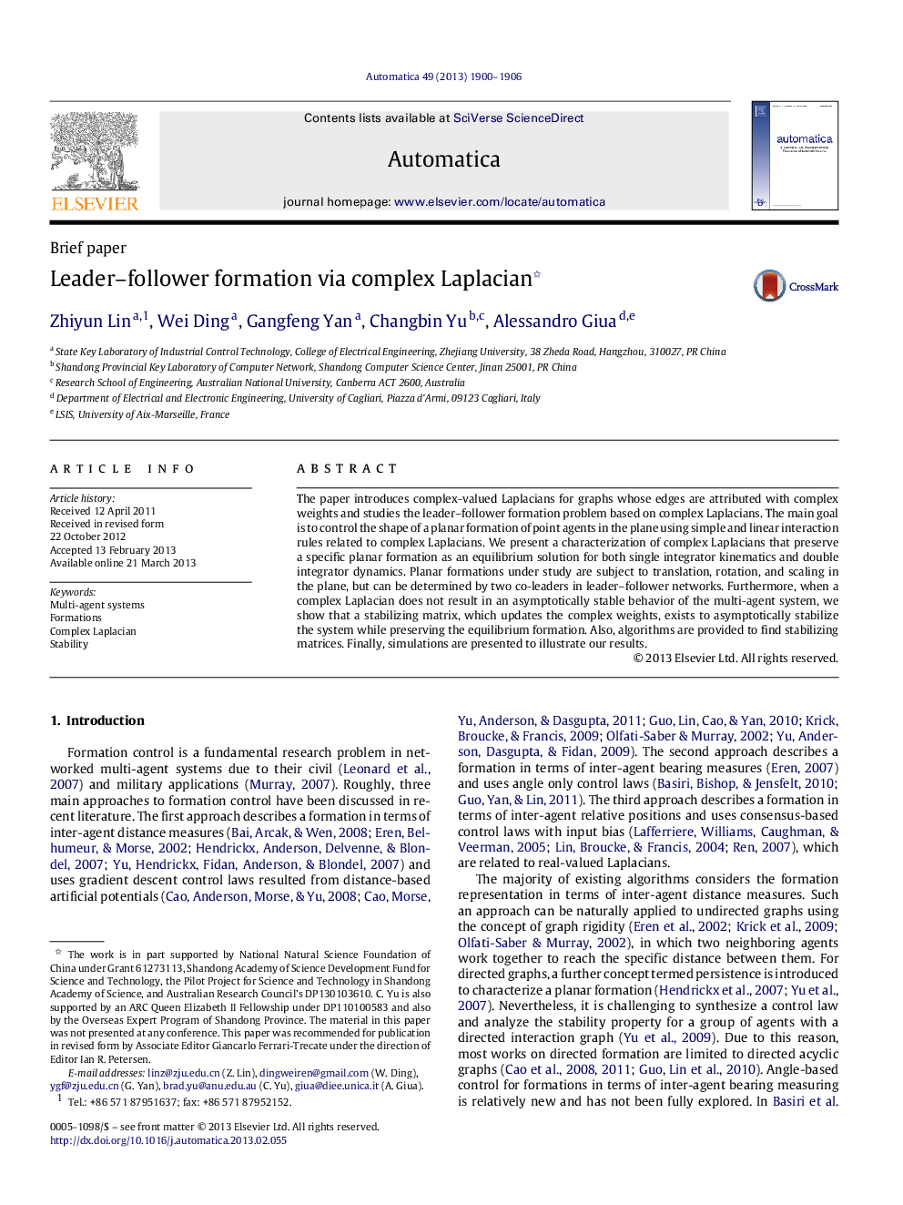 Leader–follower formation via complex Laplacian 