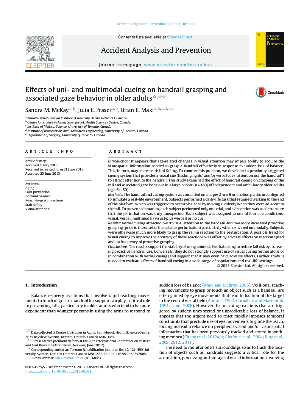 Effects of uni- and multimodal cueing on handrail grasping and associated gaze behavior in older adults