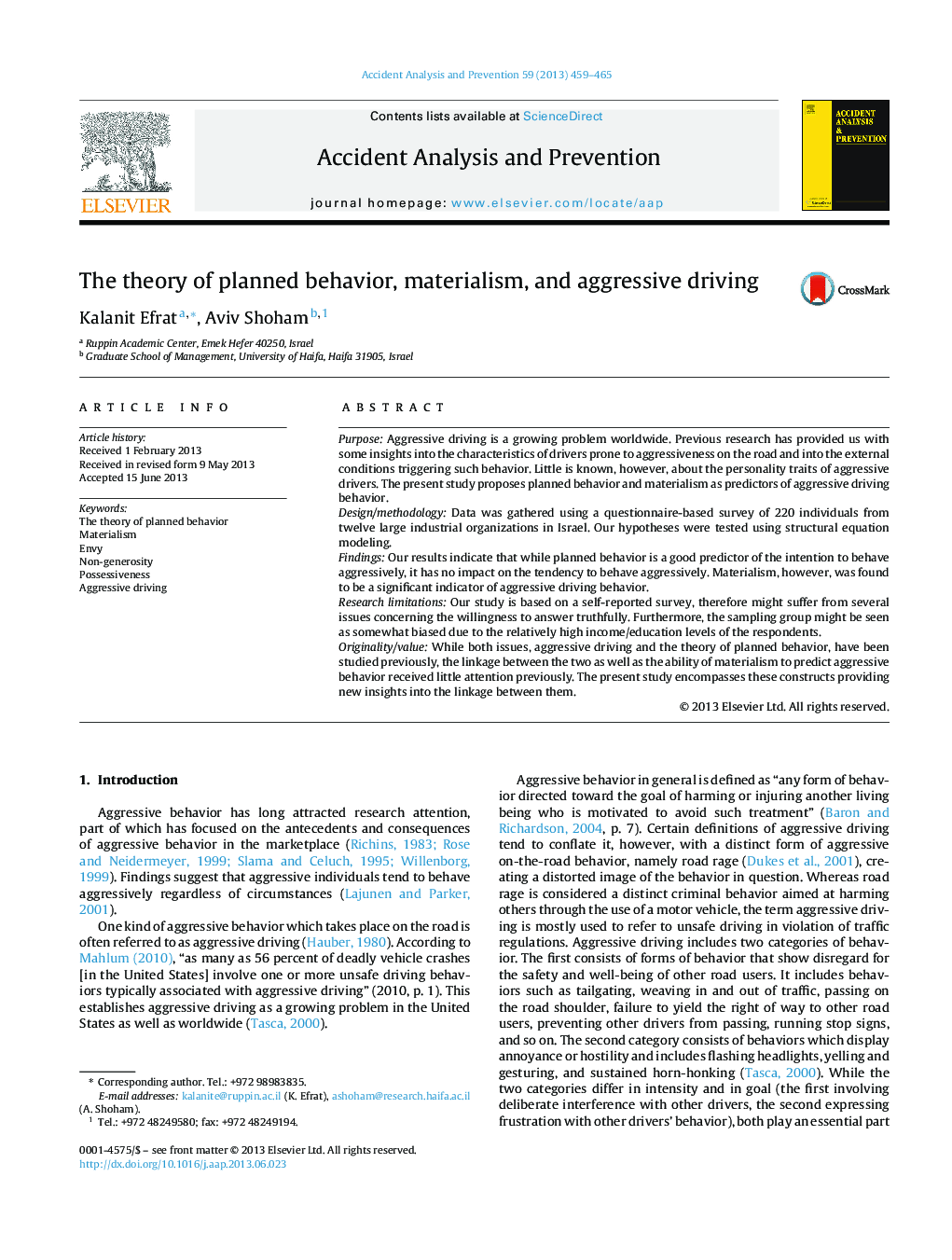 The theory of planned behavior, materialism, and aggressive driving