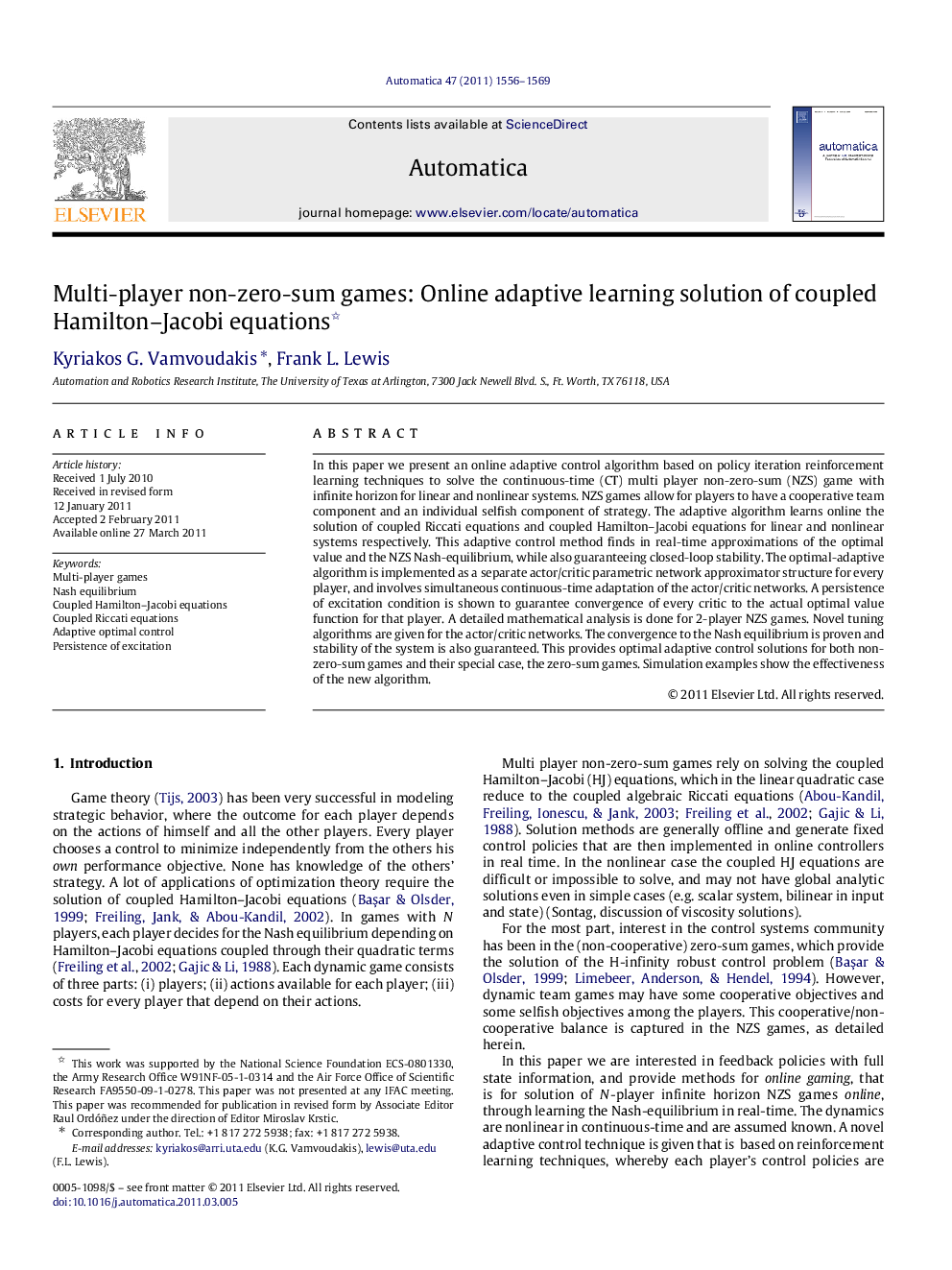 Multi-player non-zero-sum games: Online adaptive learning solution of coupled Hamilton–Jacobi equations 