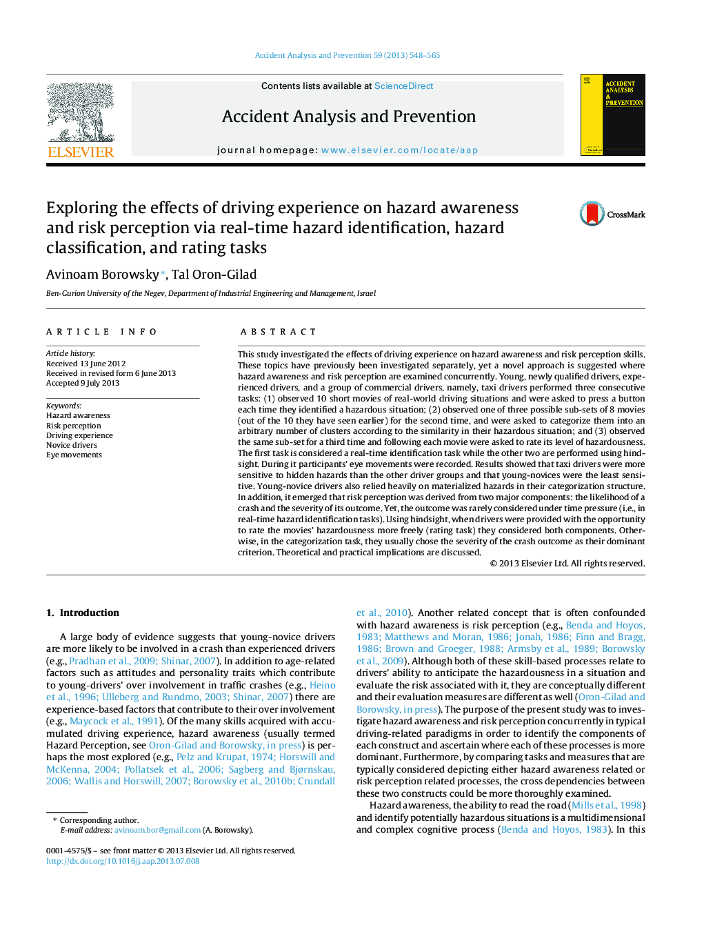 Exploring the effects of driving experience on hazard awareness and risk perception via real-time hazard identification, hazard classification, and rating tasks