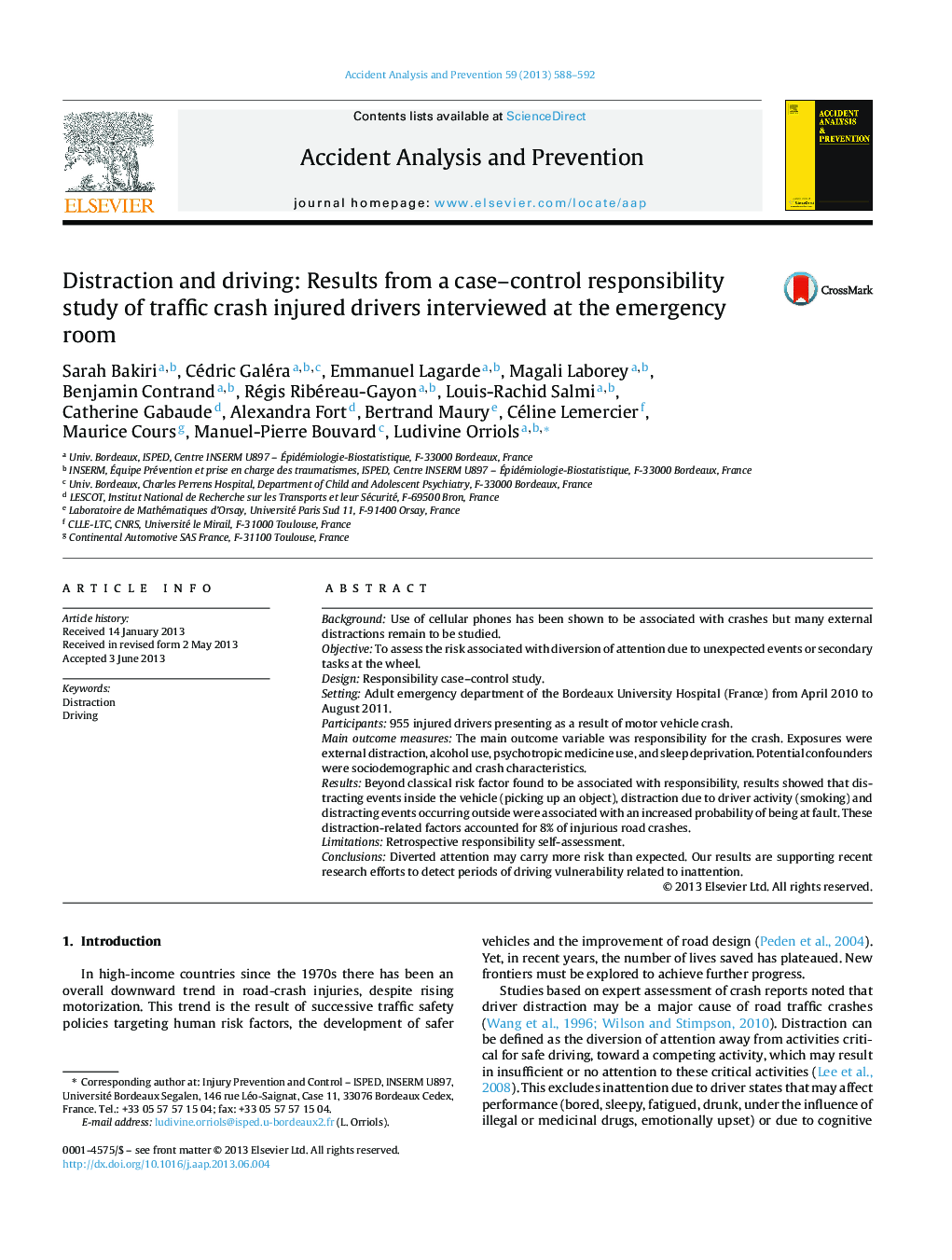 Distraction and driving: Results from a case-control responsibility study of traffic crash injured drivers interviewed at the emergency room