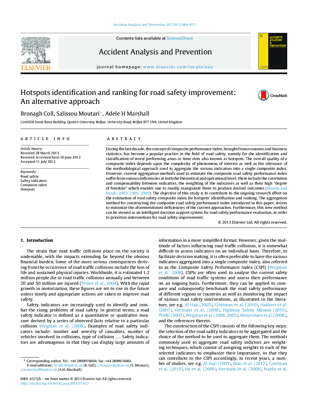 Hotspots identification and ranking for road safety improvement: An alternative approach