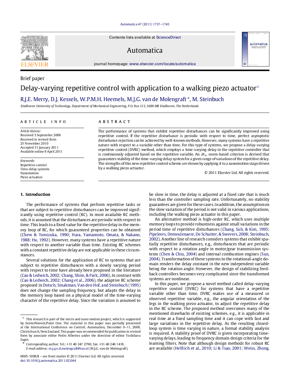 Delay-varying repetitive control with application to a walking piezo actuator 