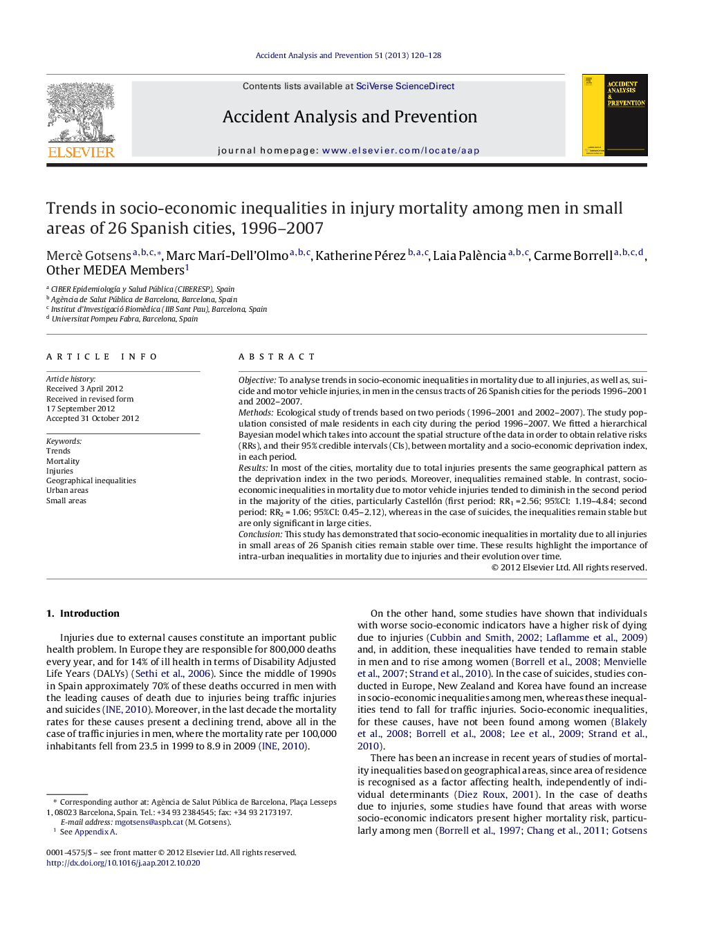 Trends in socio-economic inequalities in injury mortality among men in small areas of 26 Spanish cities, 1996-2007