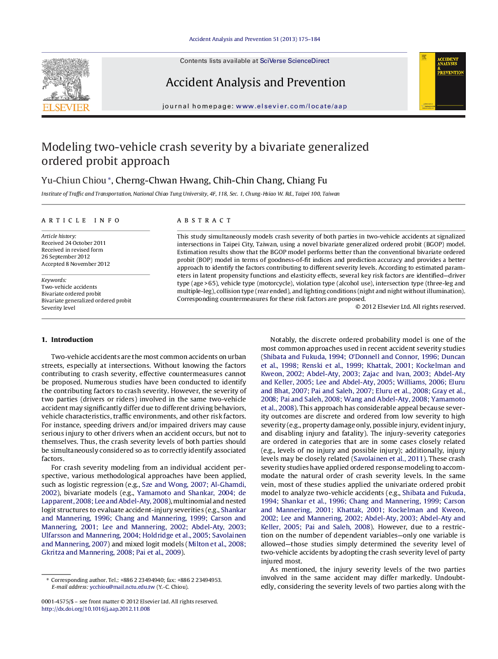 Modeling two-vehicle crash severity by a bivariate generalized ordered probit approach