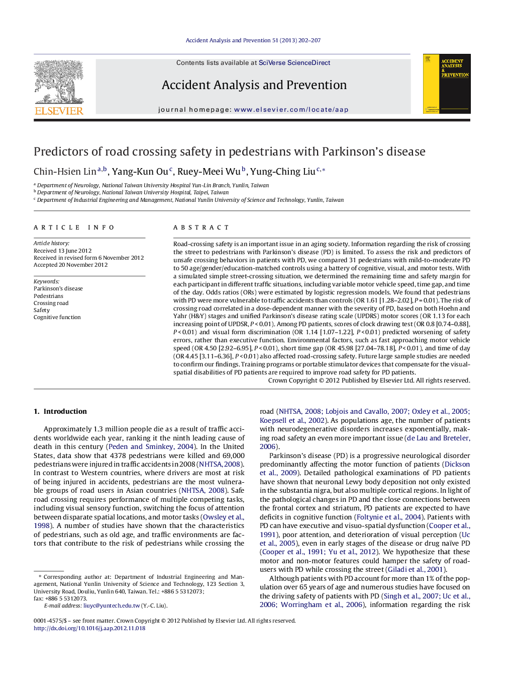 Predictors of road crossing safety in pedestrians with Parkinson's disease