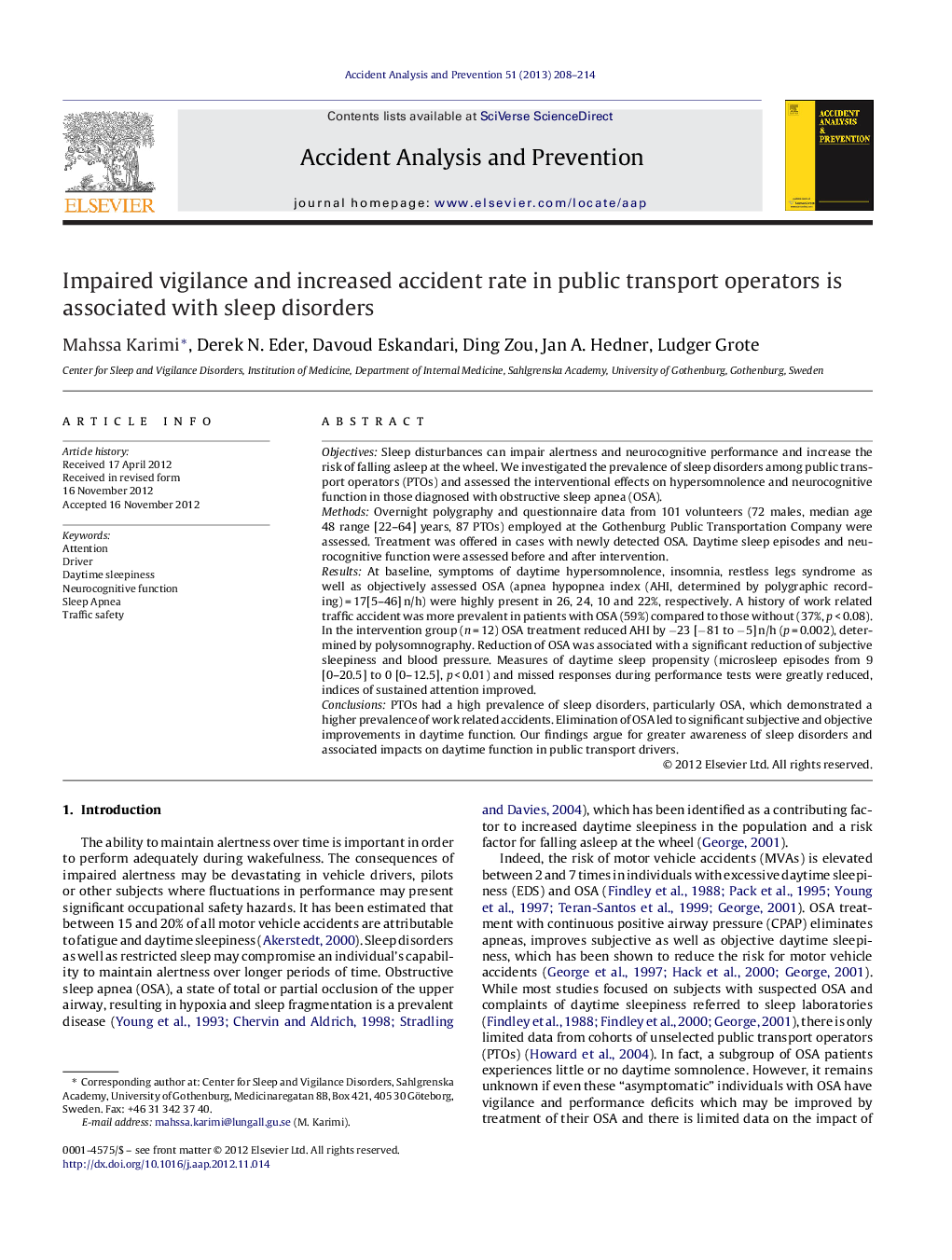 Impaired vigilance and increased accident rate in public transport operators is associated with sleep disorders