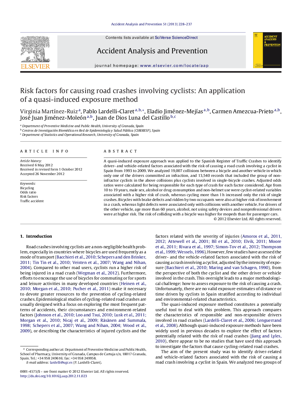 Risk factors for causing road crashes involving cyclists: An application of a quasi-induced exposure method