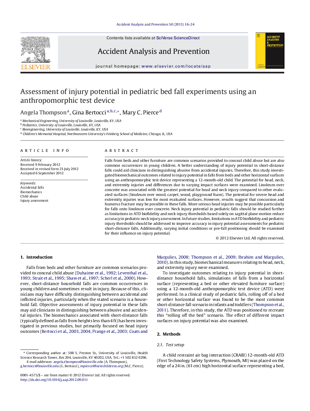 Assessment of injury potential in pediatric bed fall experiments using an anthropomorphic test device