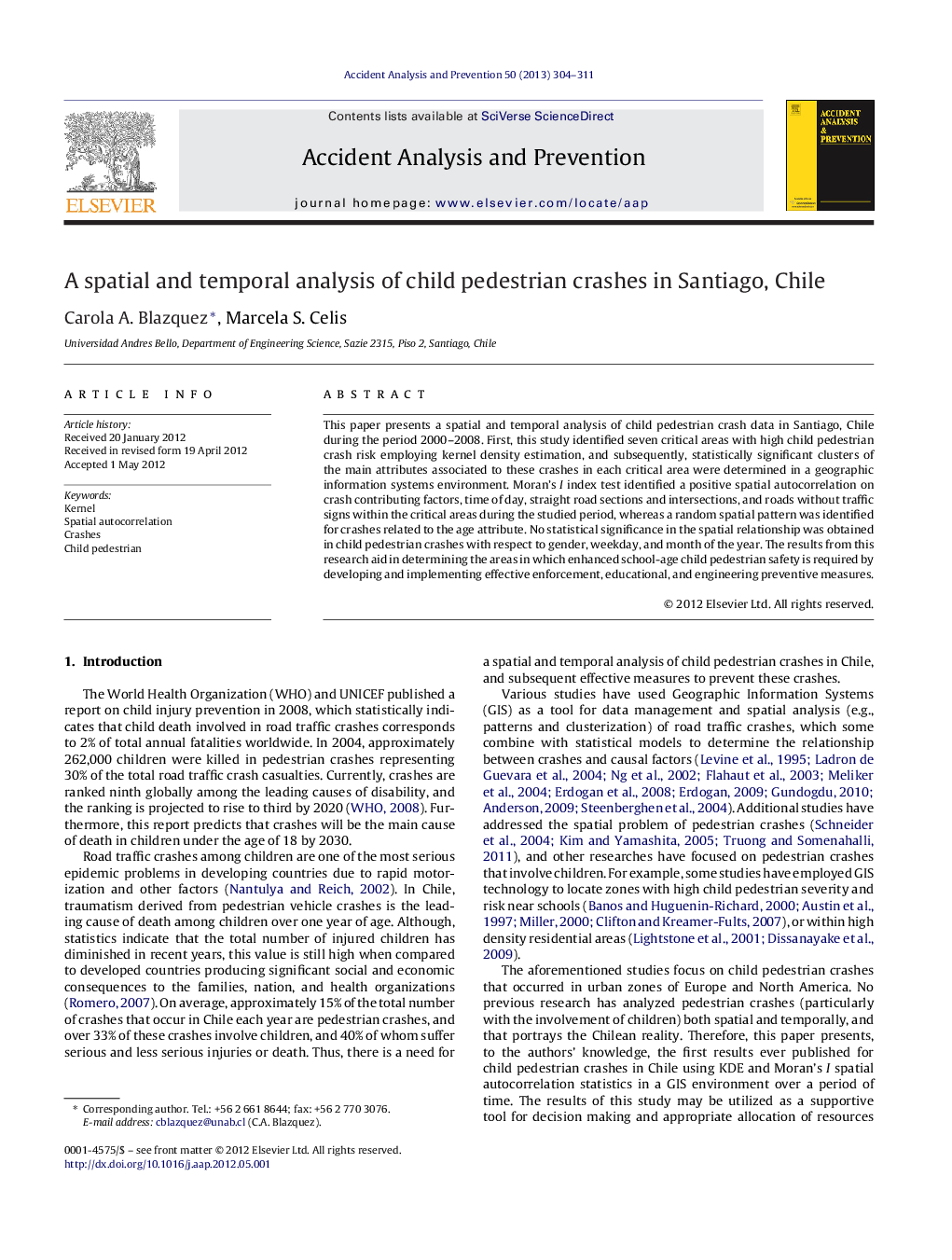 A spatial and temporal analysis of child pedestrian crashes in Santiago, Chile