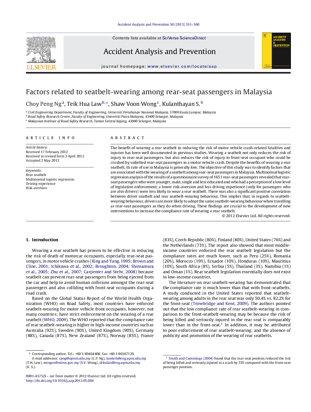 Factors related to seatbelt-wearing among rear-seat passengers in Malaysia