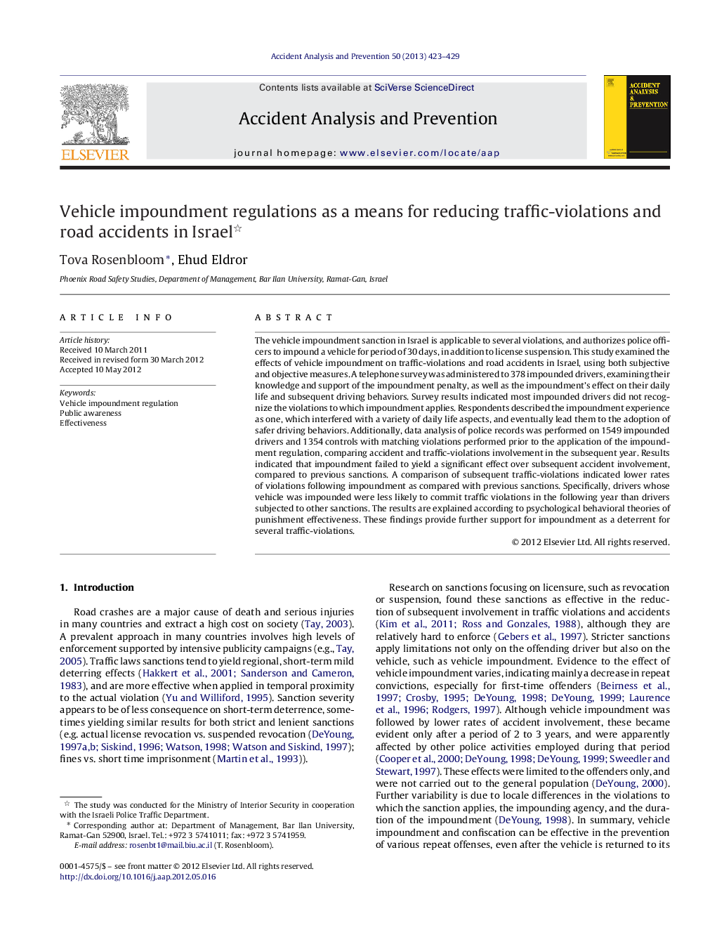 Vehicle impoundment regulations as a means for reducing traffic-violations and road accidents in Israel