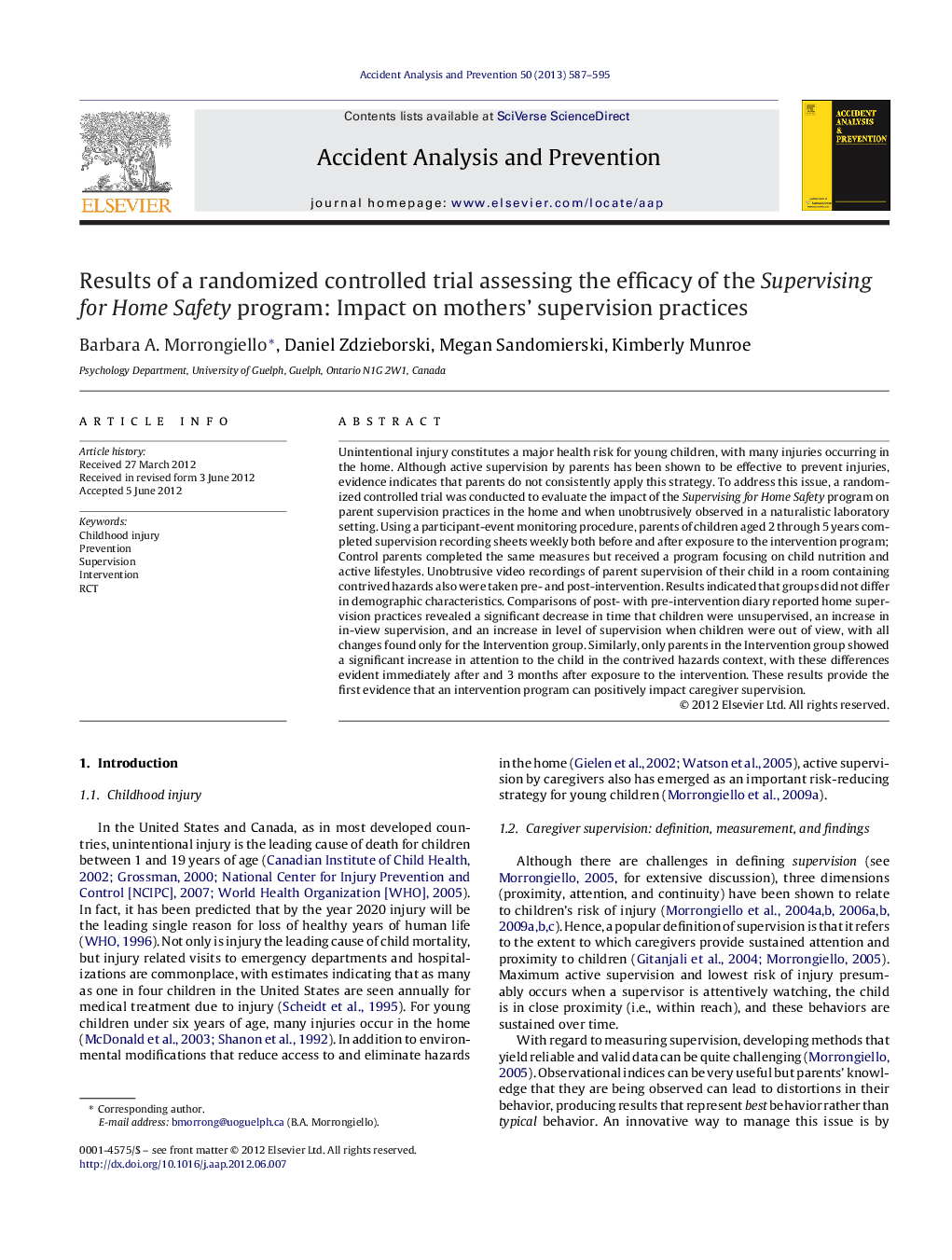 Results of a randomized controlled trial assessing the efficacy of the Supervising for Home Safety program: Impact on mothers' supervision practices