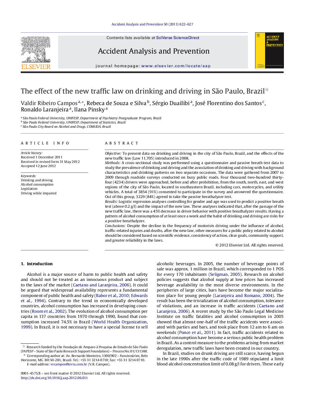 عکس صفحه اول مقاله: The effect of the new traffic law on drinking and driving in São Paulo, Brazil The effect of the new traffic law on drinking and driving in São Paulo, Brazil