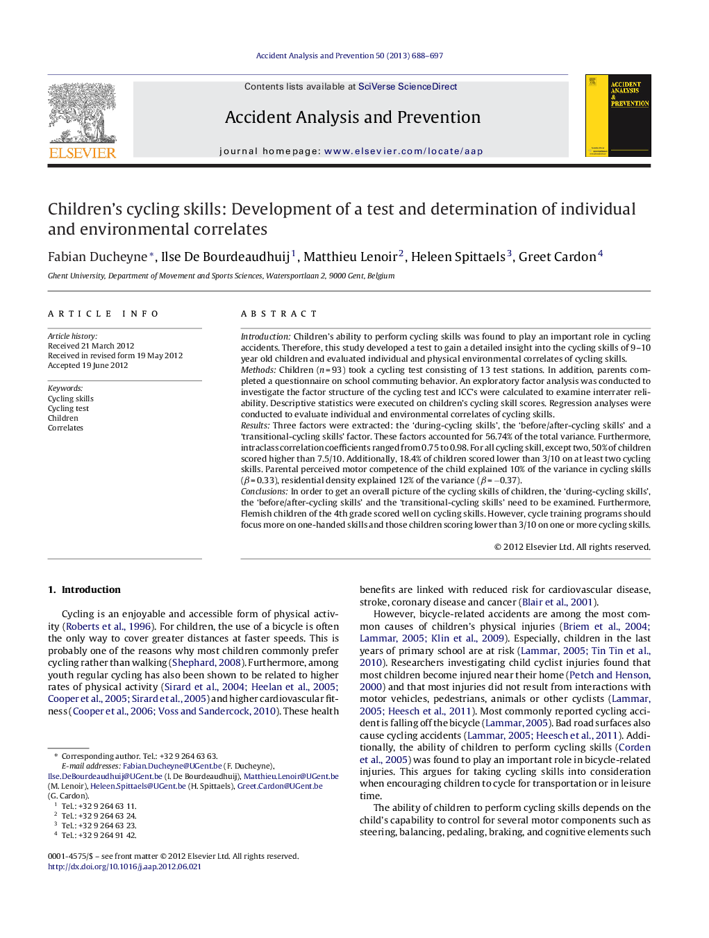 Children's cycling skills: Development of a test and determination of individual and environmental correlates