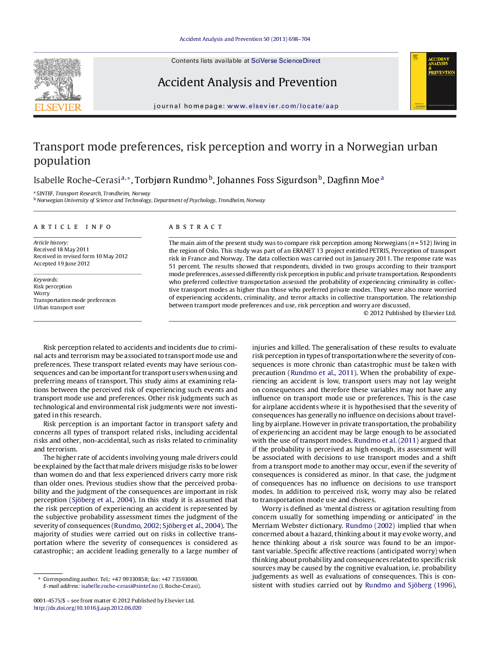 Transport mode preferences, risk perception and worry in a Norwegian urban population