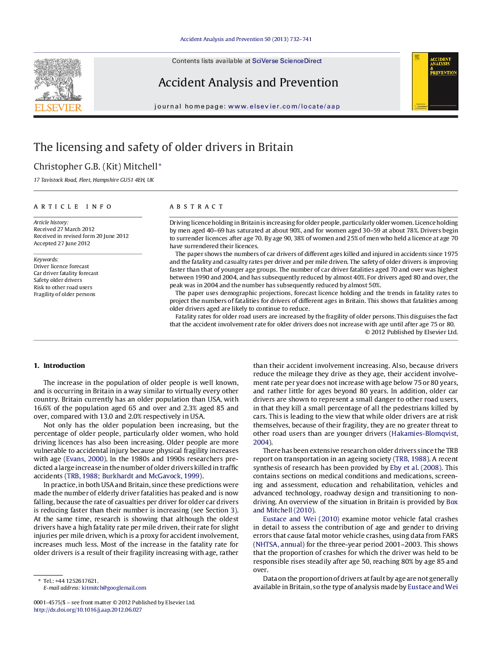 The licensing and safety of older drivers in Britain