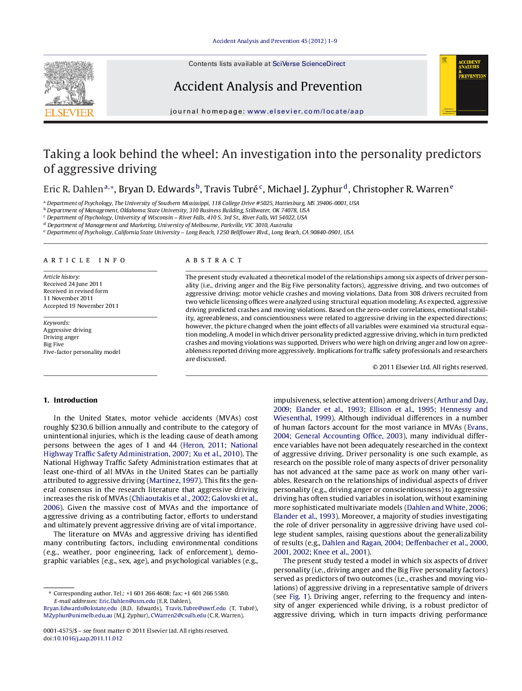 Taking a look behind the wheel: An investigation into the personality predictors of aggressive driving